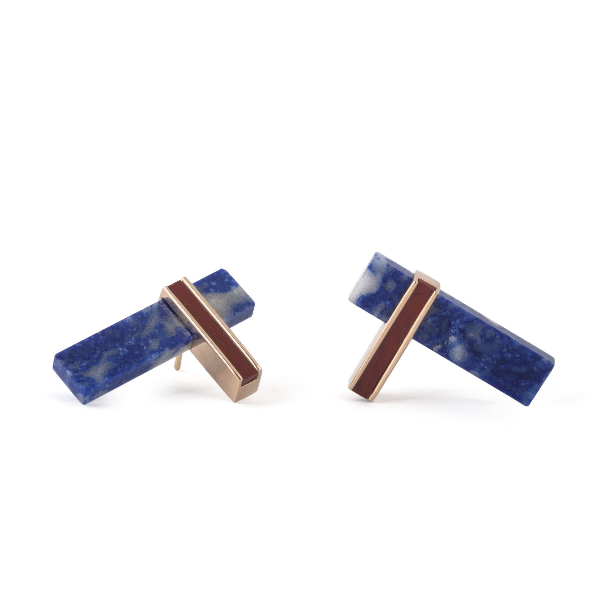 Boucles d&#39;oreilles Noeud en or rose lapis-lazuli et jaspe rouge