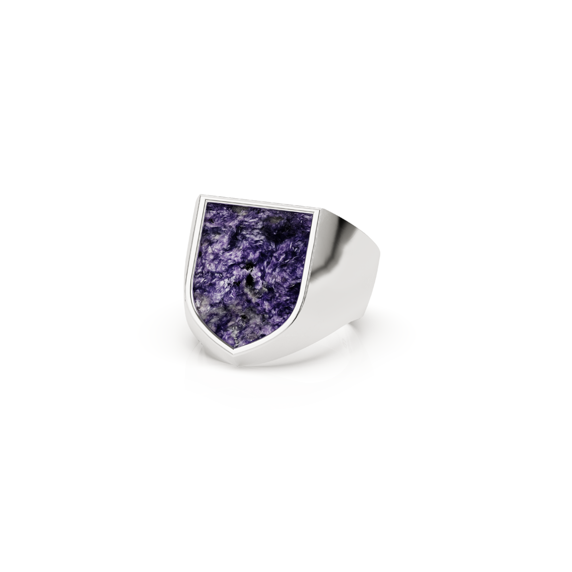 Chevalière blason argent avec pierre fine violet lilas noir et blanc