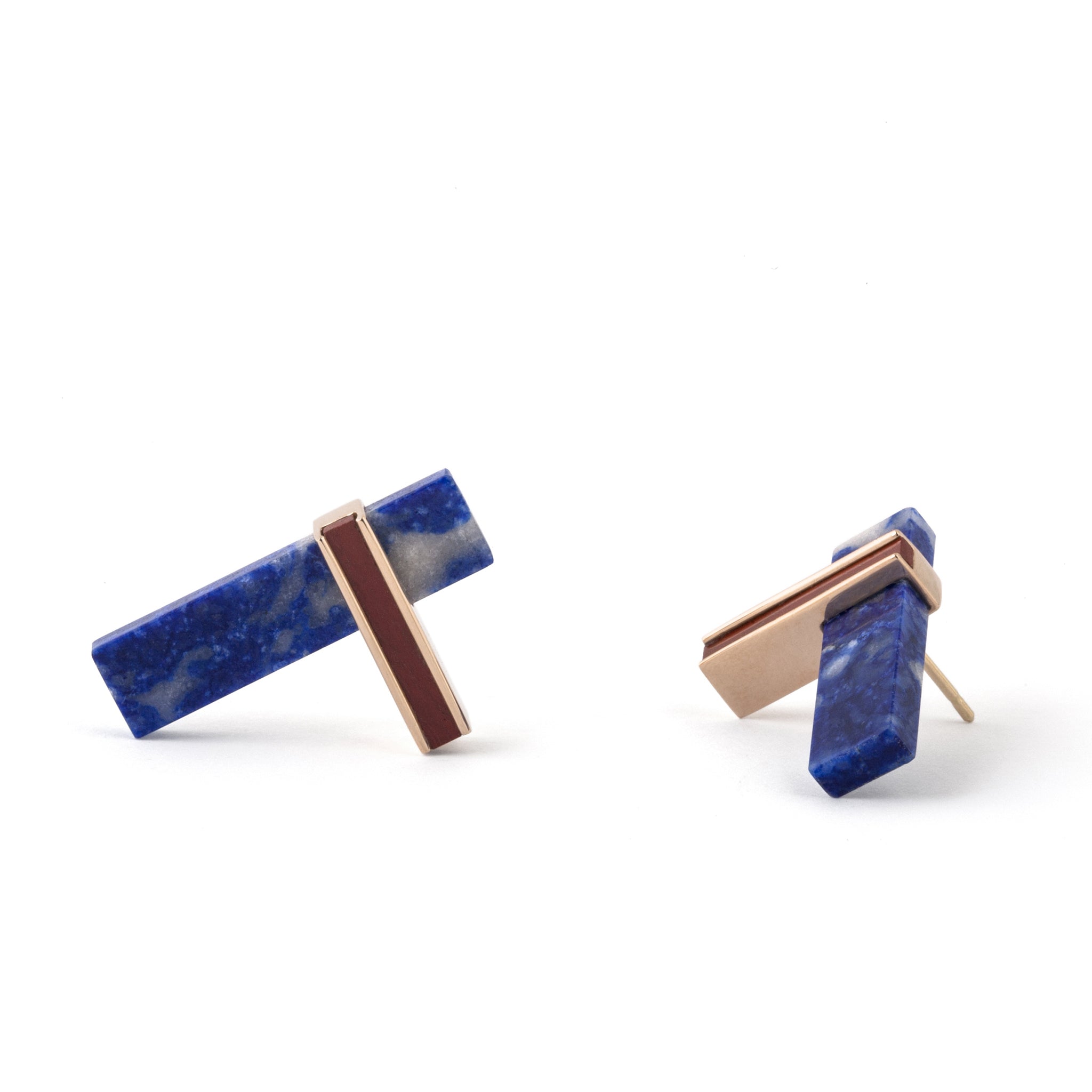 Boucles d&#39;oreilles Noeud en or rose, lapis-lazuli et jaspe rouge profil